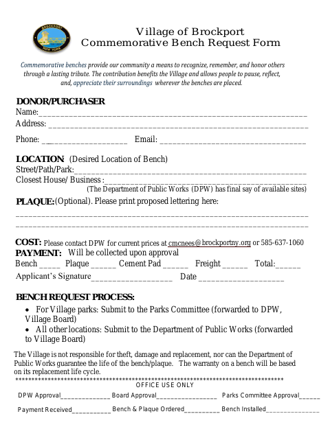 First page of the Commemorative Bench Request Form
