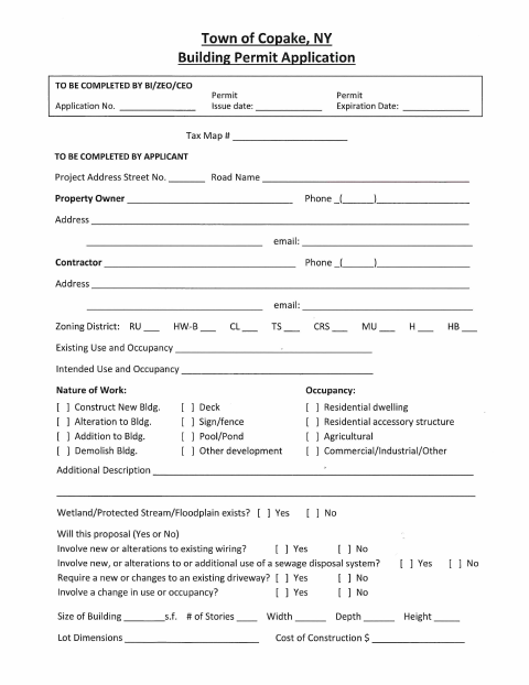 First page of the Building Permit Application