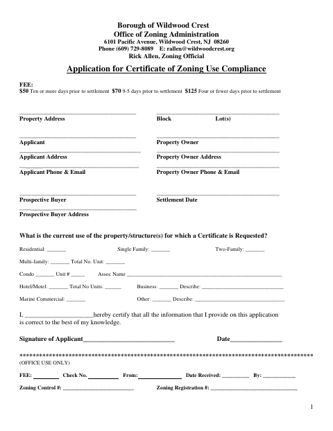 First page of the Application for Certificate of Zoning Use Compliance