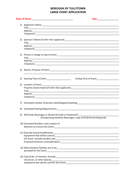 First page of the Large Event Application