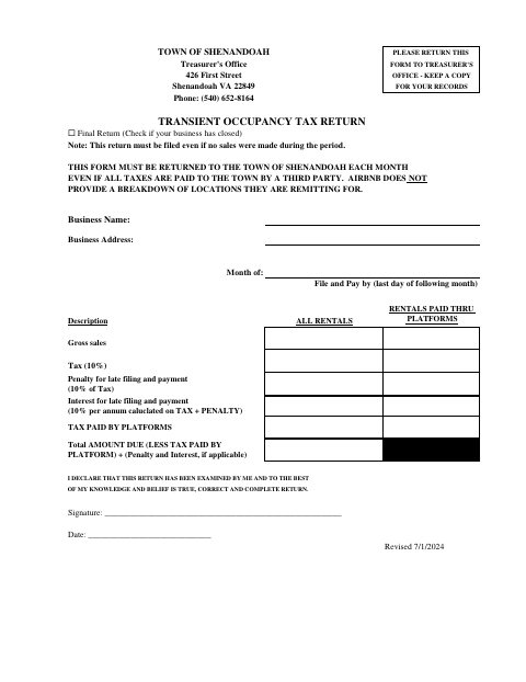 First page of the Transient Occupancy Tax Return