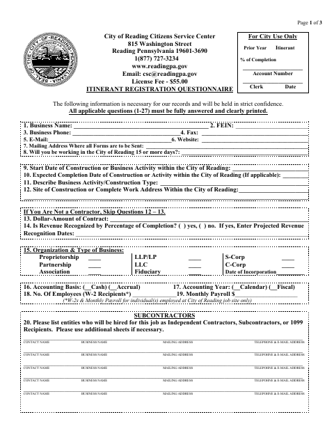 First page of the Itinerant Registration Questionnaire (Business Privilege License)