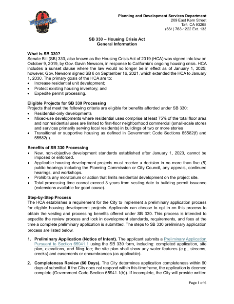 First page of the SB 330 Preliminary Application