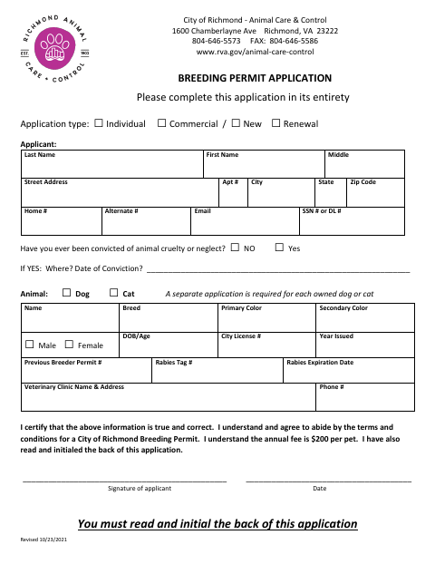 First page of the Breeding Permit Application