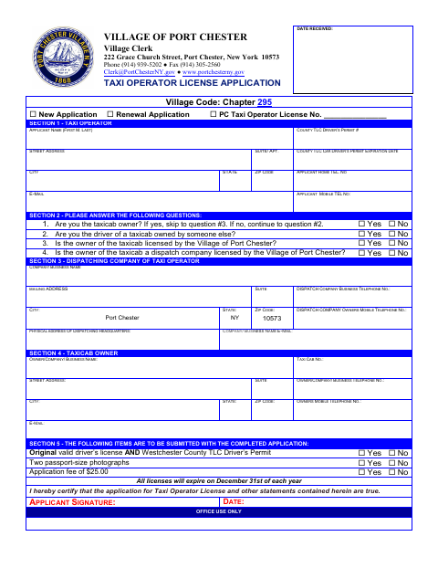 First page of the Taxi Operator License Application