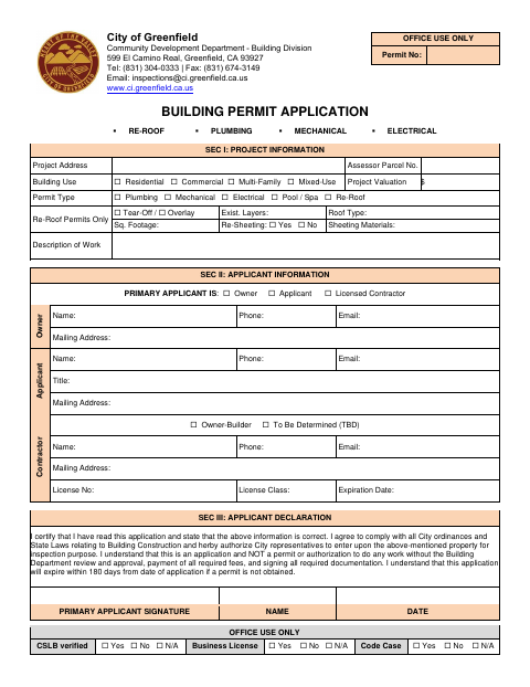 First page of the Building Permit Application OTC