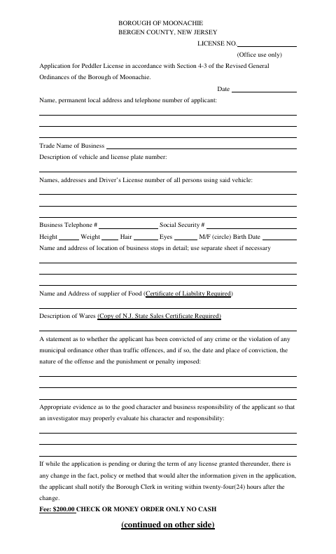 First page of the Peddler License Application