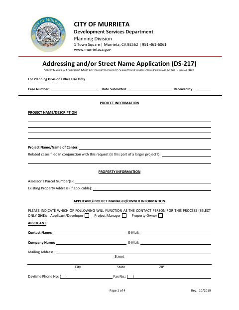 First page of the Addressing and/or Street Name Application