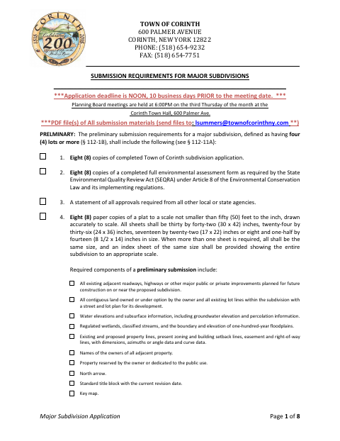 First page of the Major Subdivision Application