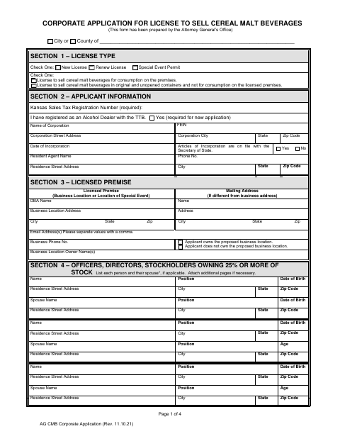 First page of the Corporate Cereal Malt Beverage License Application