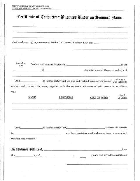 First page of the Certificate of Conducting Business Under an Assumed Name