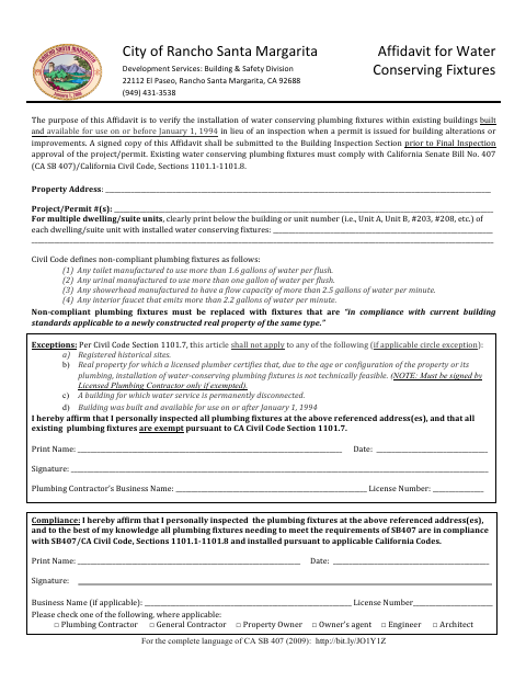 First page of the Affidavit for Water Conserving Fixtures