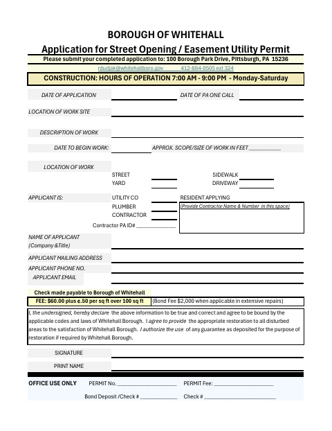 First page of the Application for Street Opening Utility Permit