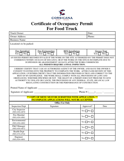 First page of the Certificate of Occupancy Permit for Food Truck