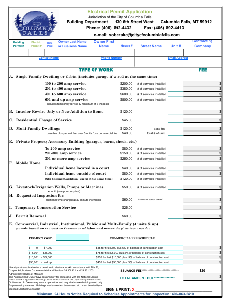 First page of the Electrical Permit Application