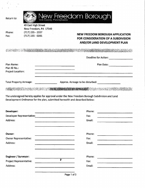 First page of the Subdivision And Land Development Plan Application