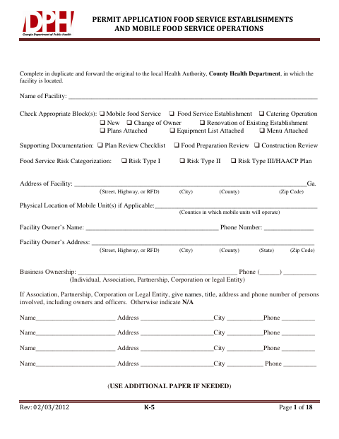 First page of the Food Service Establishments and Mobile Food Service Operations Permit Application