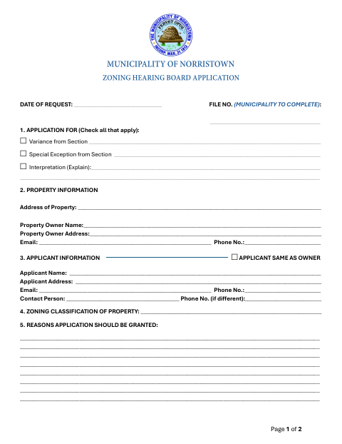First page of the Zoning Hearing Board Application