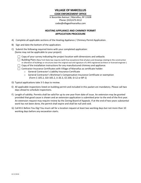 First page of the Heating Appliance and Chimney Permit Application