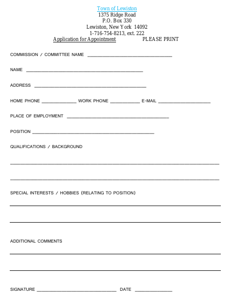 First page of the Application for Appointment (Board/Commission)