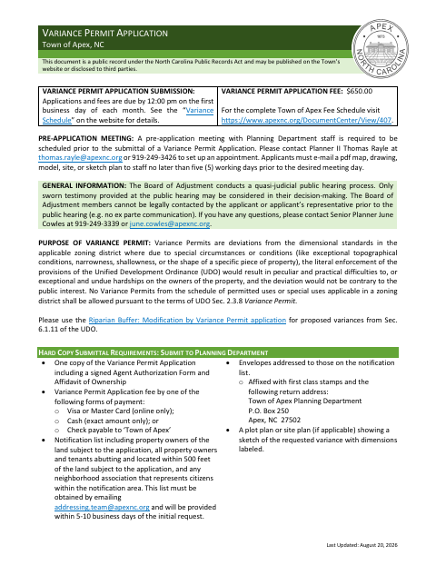 First page of the Variance Permit Application