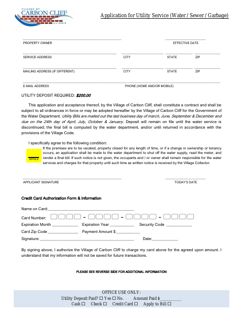 First page of the Application for Utility Service (Water / Sewer / Garbage)