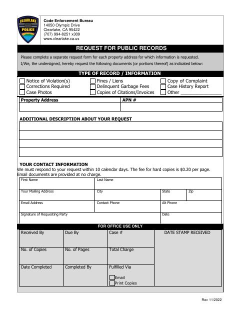 First page of the Request for Public Records