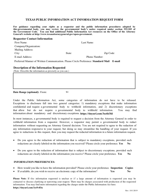 First page of the Texas Public Information Act Information Request Form