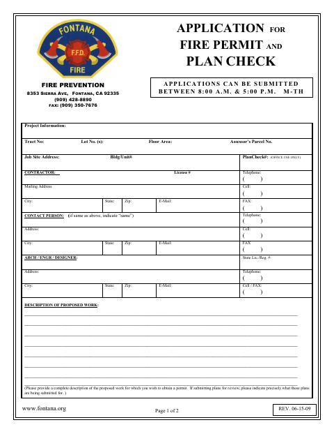 First page of the Application for Fire Permit and Plan Check