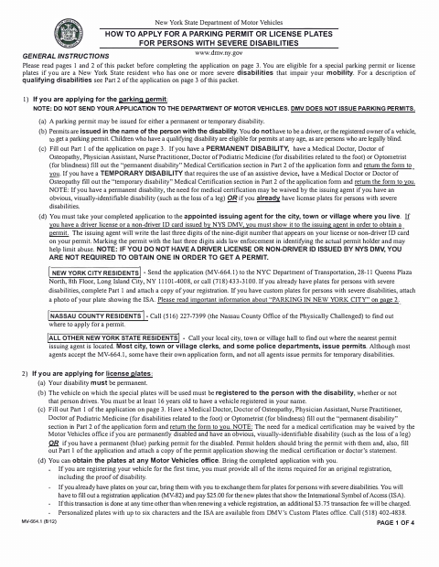 First page of the Application for a Parking Permit or License Plates for Persons with Severe Disabilities