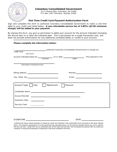 First page of the One Time Credit Card Payment Authorization Form