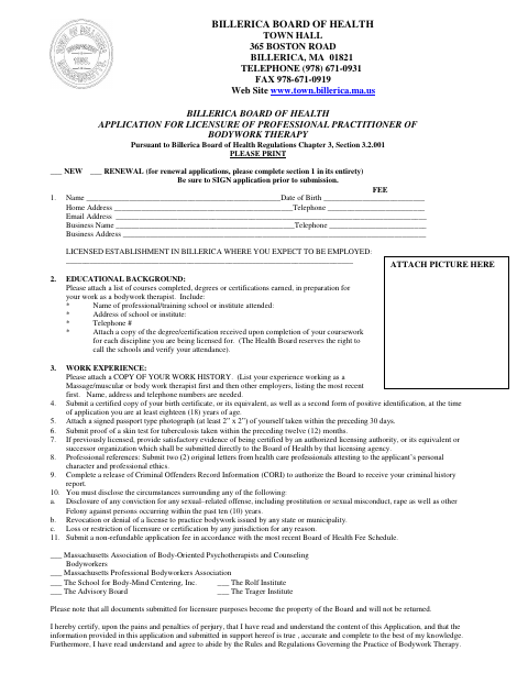 First page of the Professional Practitioner of Bodywork Therapy License Application