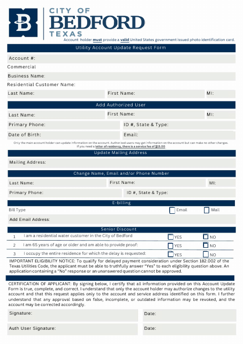 First page of the Utility Account Update Request Form