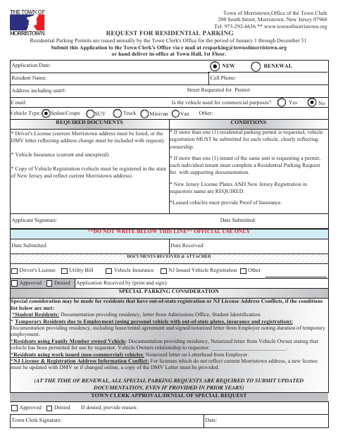 First page of the Request For Residential Parking