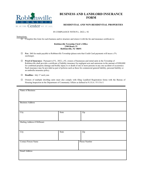 First page of the Business and Landlord Insurance Form for Residential and Non-Residential Properties