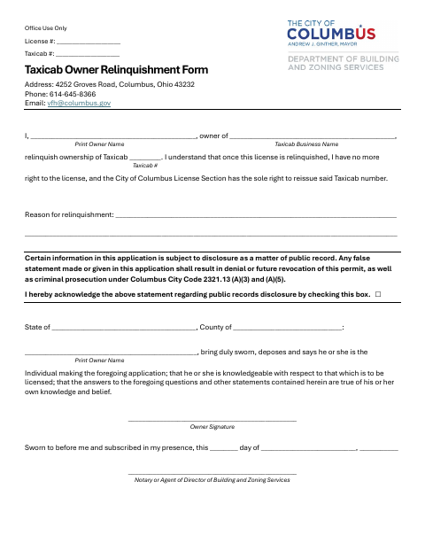 First page of the Taxicab Owner Relinquishment Form