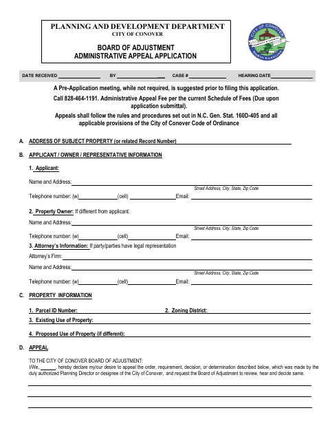 First page of the Board of Adjustment Administrative Appeal