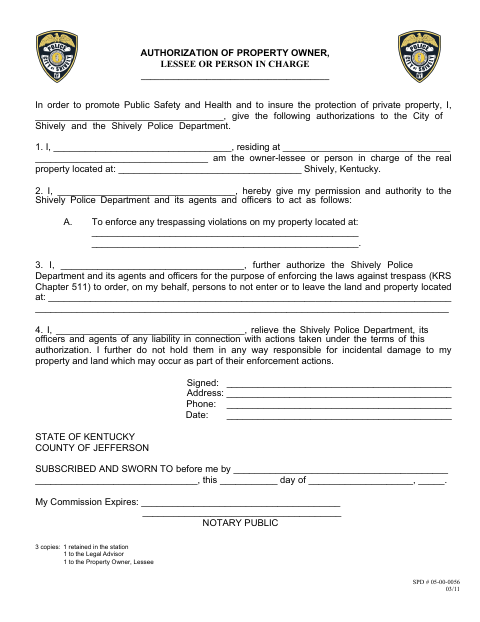First page of the Authorization of Property Owner, Lessee or Person in Charge