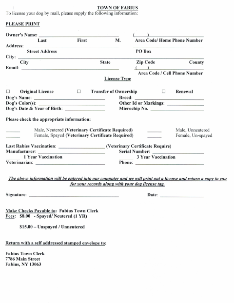 First page of the Dog License Application