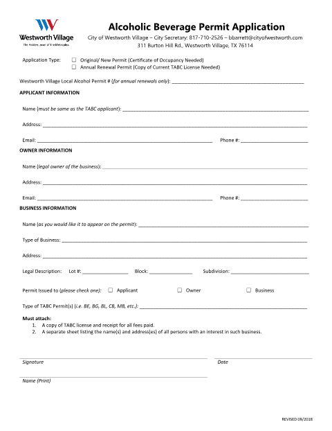 First page of the Alcoholic Beverage Permit Application