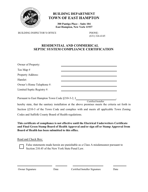 First page of the Residential and Commercial Septic System Compliance Certification