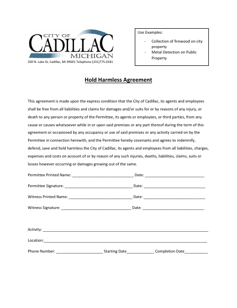 First page of the Hold Harmless Agreement