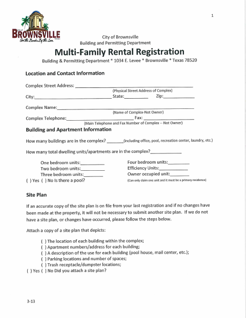 First page of the Multi-Family Rental Registration Application