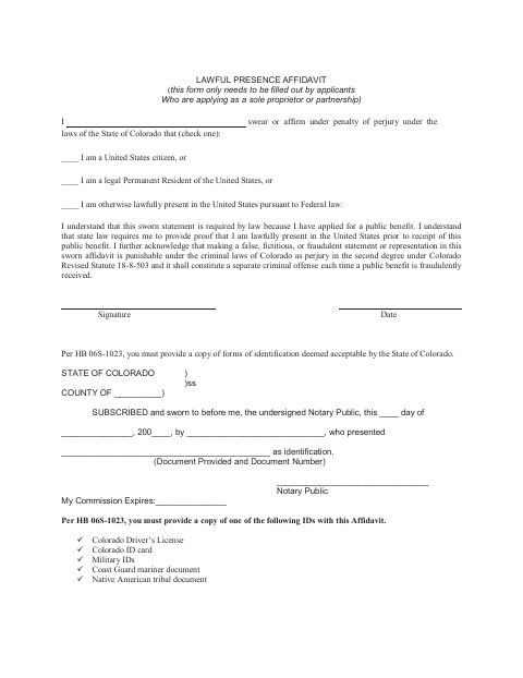 First page of the Lawful Presence Affidavit