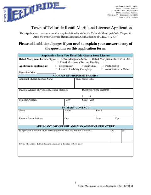 First page of the Retail Marijuana License Application