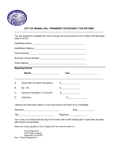 First page of the Transient Occupancy Tax Return