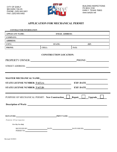 First page of the Application for Mechanical Permit