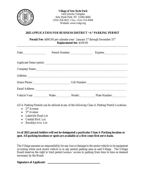 First page of the Business District A Parking Permit Application