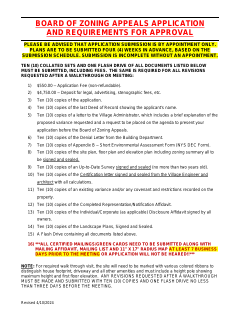 First page of the Board of Zoning Appeals Application