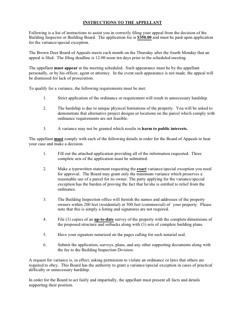 First page of the Board of Appeals Application